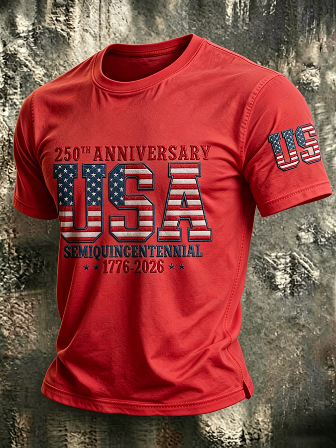 Men'S Casual American 250Th Anniversary Embroidered Print Round Neck T-Shirt