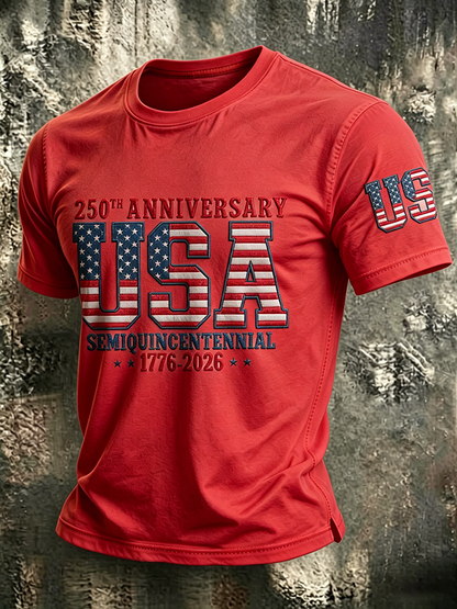 Men'S Casual American 250Th Anniversary Embroidered Print Round Neck T-Shirt