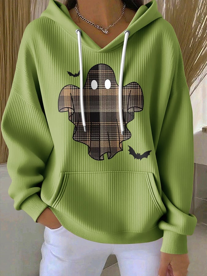 🔥HOT SALE🔥Retro Halloween Ghost & Bats Flannel Plaid Print Hoodie