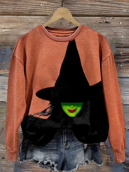 Halloween Witch Print Round Neck Sweatshirt
