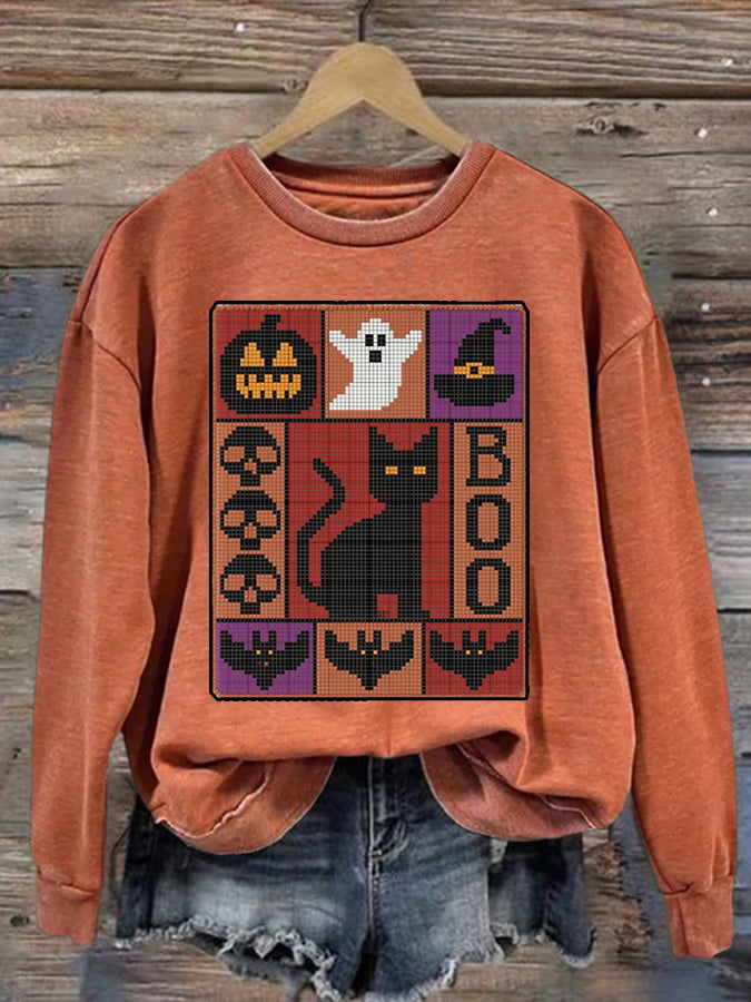 Women's Pumpkin Face Cat Print Casual Sweatshirt