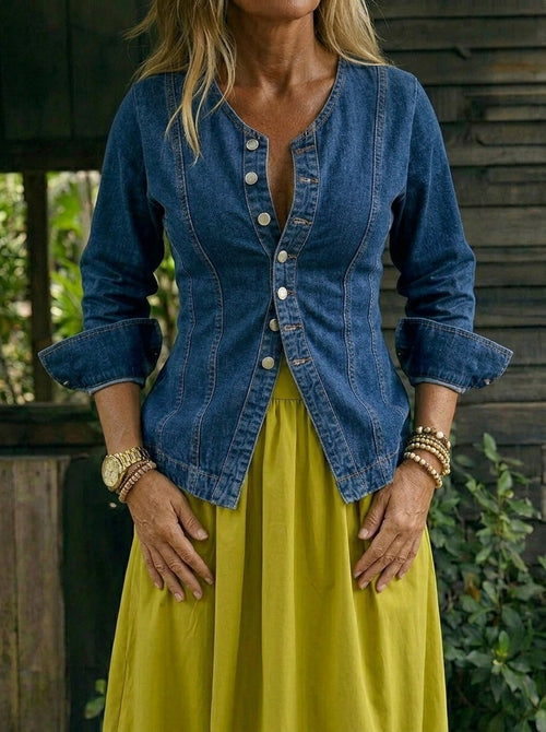 Women's Round Neck Long Sleeve Denim Blouse Top