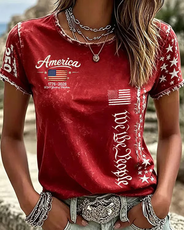 Retro Flag Graffiti Letters Print Crew Neck Short Sleeve Tshirt