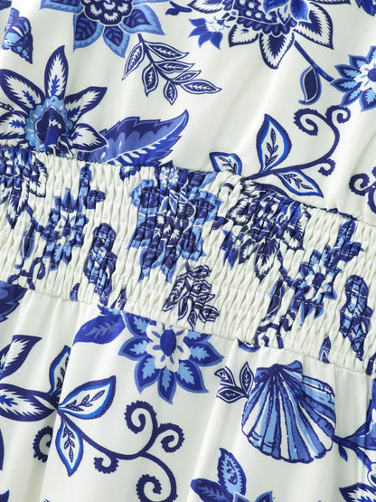 Floral Print Ruffled Sleeve Embroidered Midi Dress