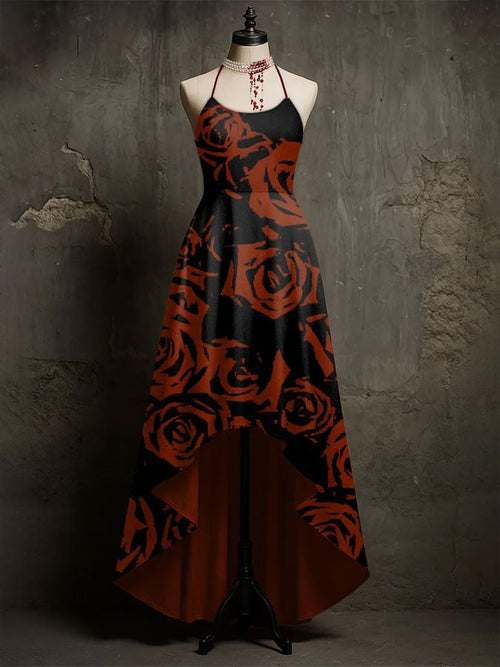 Women's Abstract Gothic Red Rose Printed Sleeveless Dress
