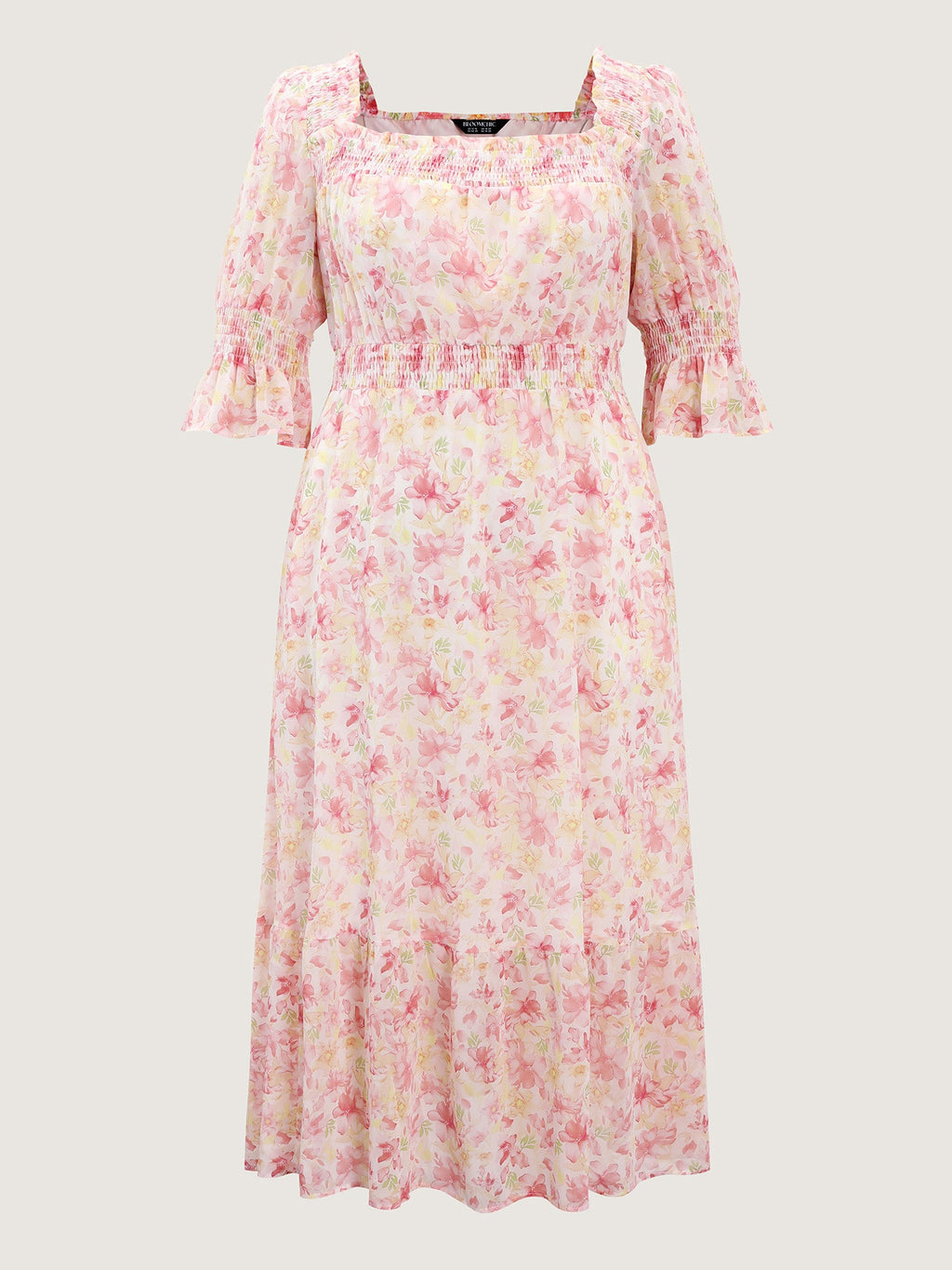 Floral Print Shirred Neckline Maxi Dress