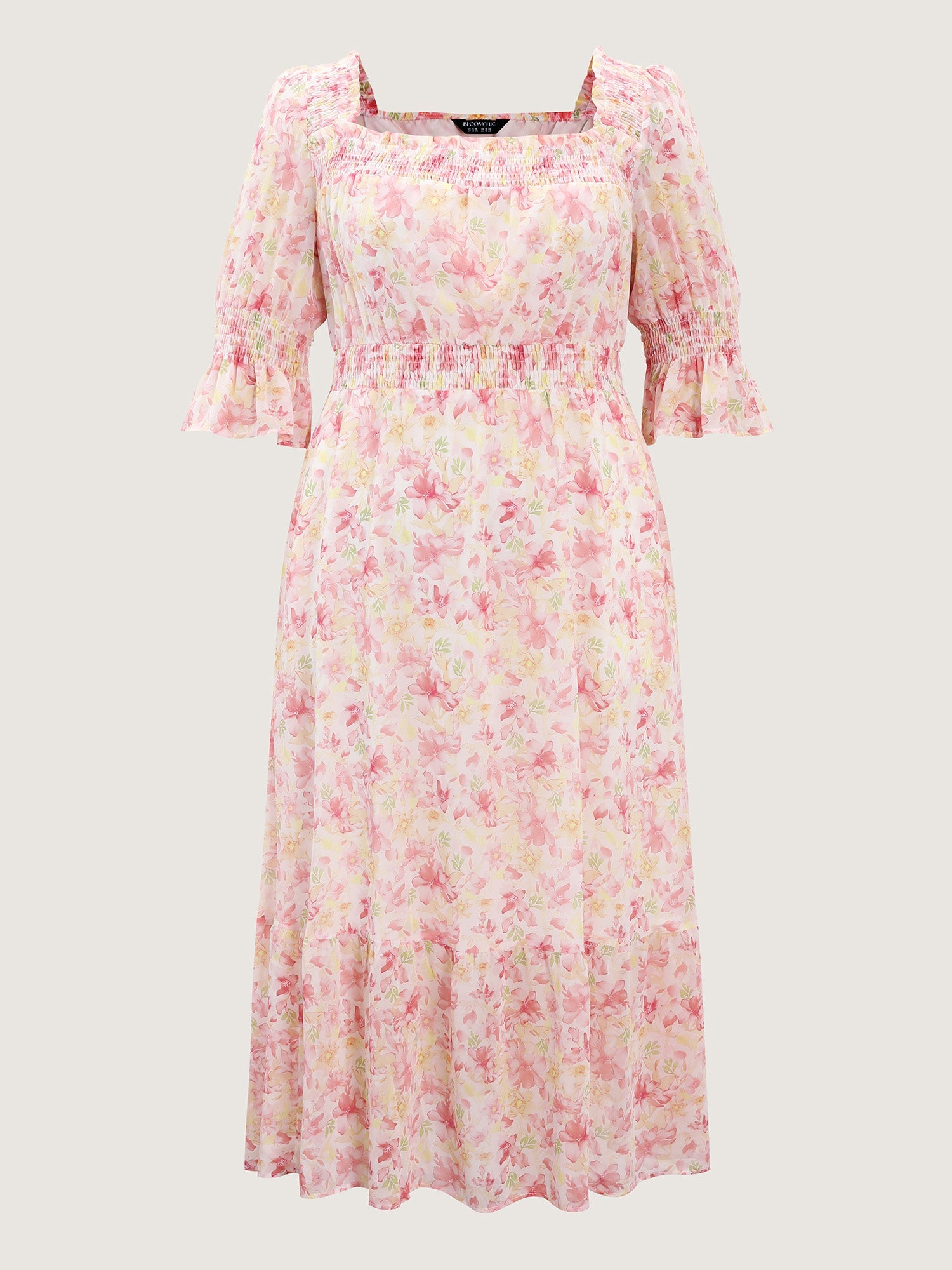 Floral Print Shirred Neckline Maxi Dress