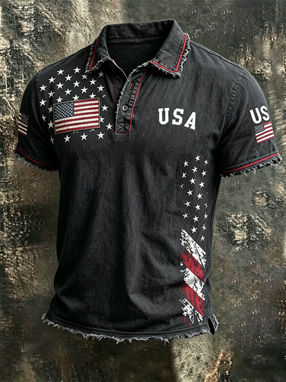 Men'S Casual American Flag Print Lapel Polo Shirt