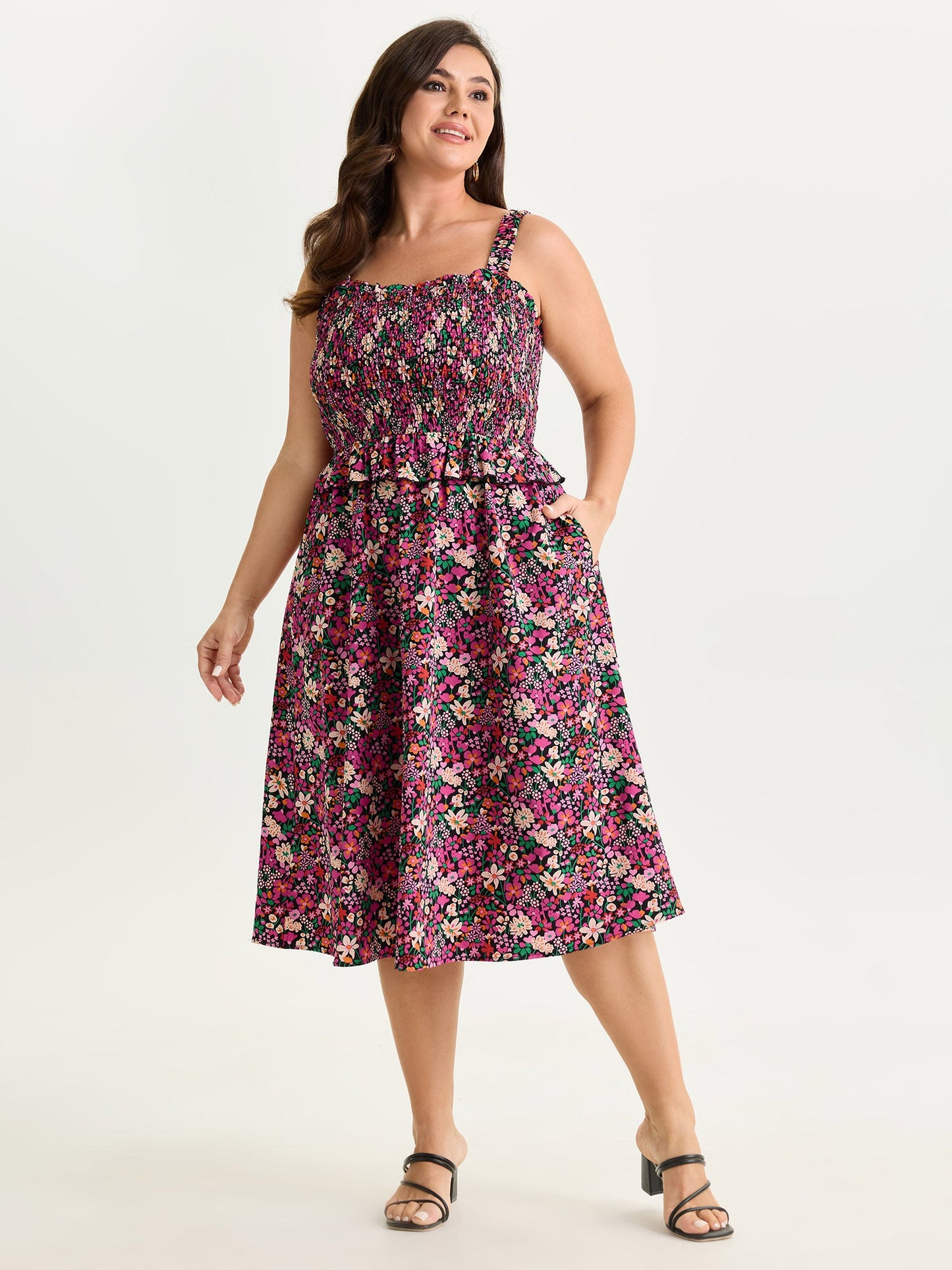 Floral Print Shirred Bodice Layered Midi Dress