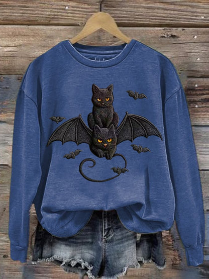 Women's Autumn Halloween Cute Bat and Black Cat Printed Casual Holiday Round Neck Sweatshirt