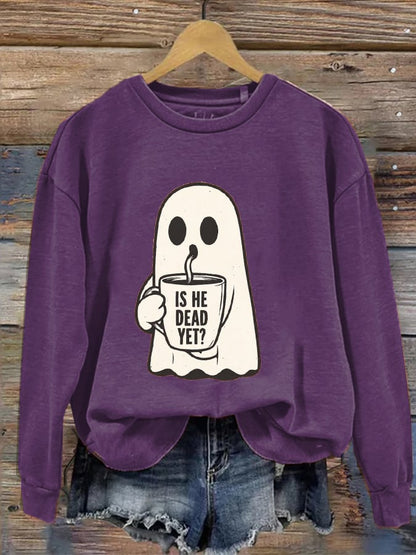 Women's Halloween Is He Dead Yet Ghost Print Casual Sweatshirt