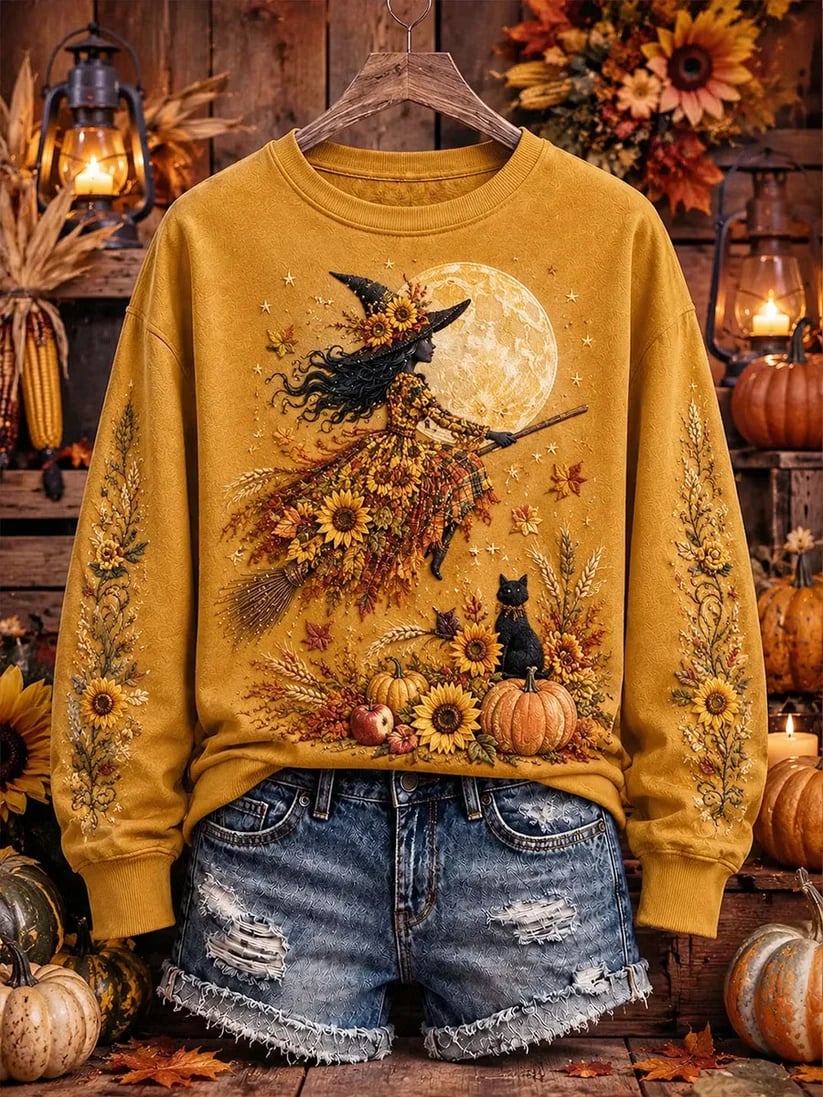 Women's Halloween Witch Pumpkin Pattern Comfortable Crew Neck Sweatshirt
