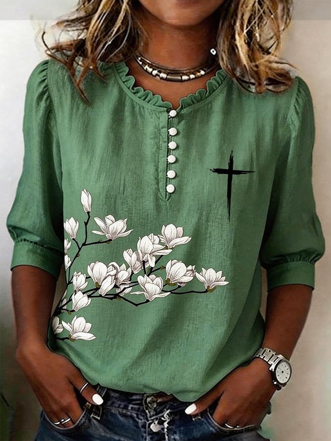 Women's Faith Floral  Print Half Sleeve Casual Blouse