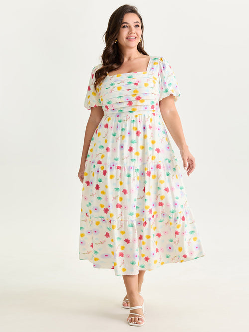 Playful Floral Print Pleated Flowy Midi Dress