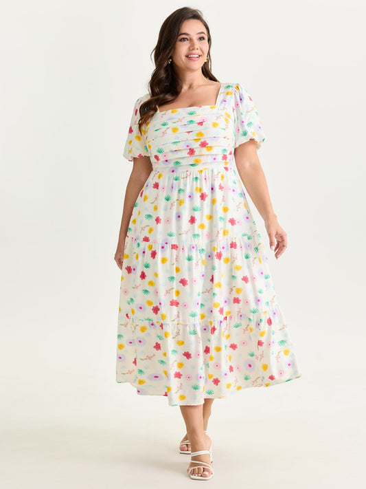 Playful Floral Print Pleated Flowy Midi Dress