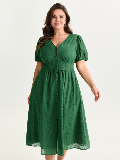 Cotton Eyelet Trim Cinched-Waist Midi Dress