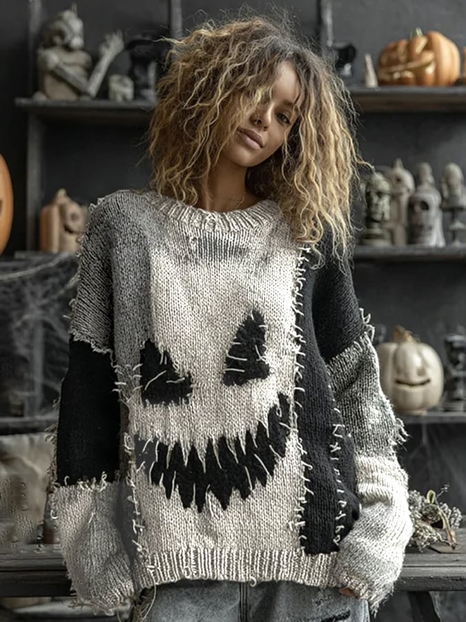 Women's Halloween Spooky Face Contrast Stitched Cozy Knit Sweater