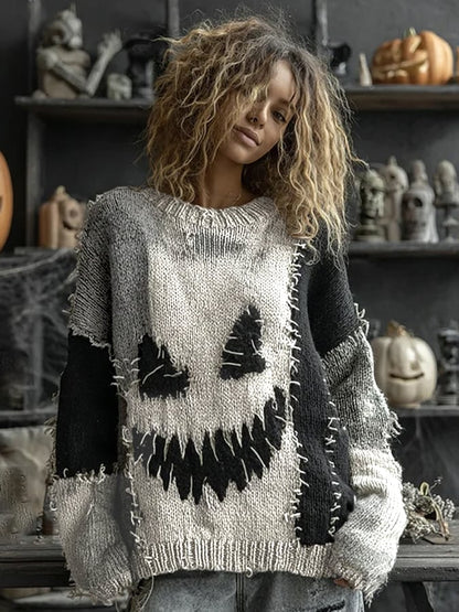 Women's Halloween Spooky Face Contrast Stitched Cozy Knit Sweater
