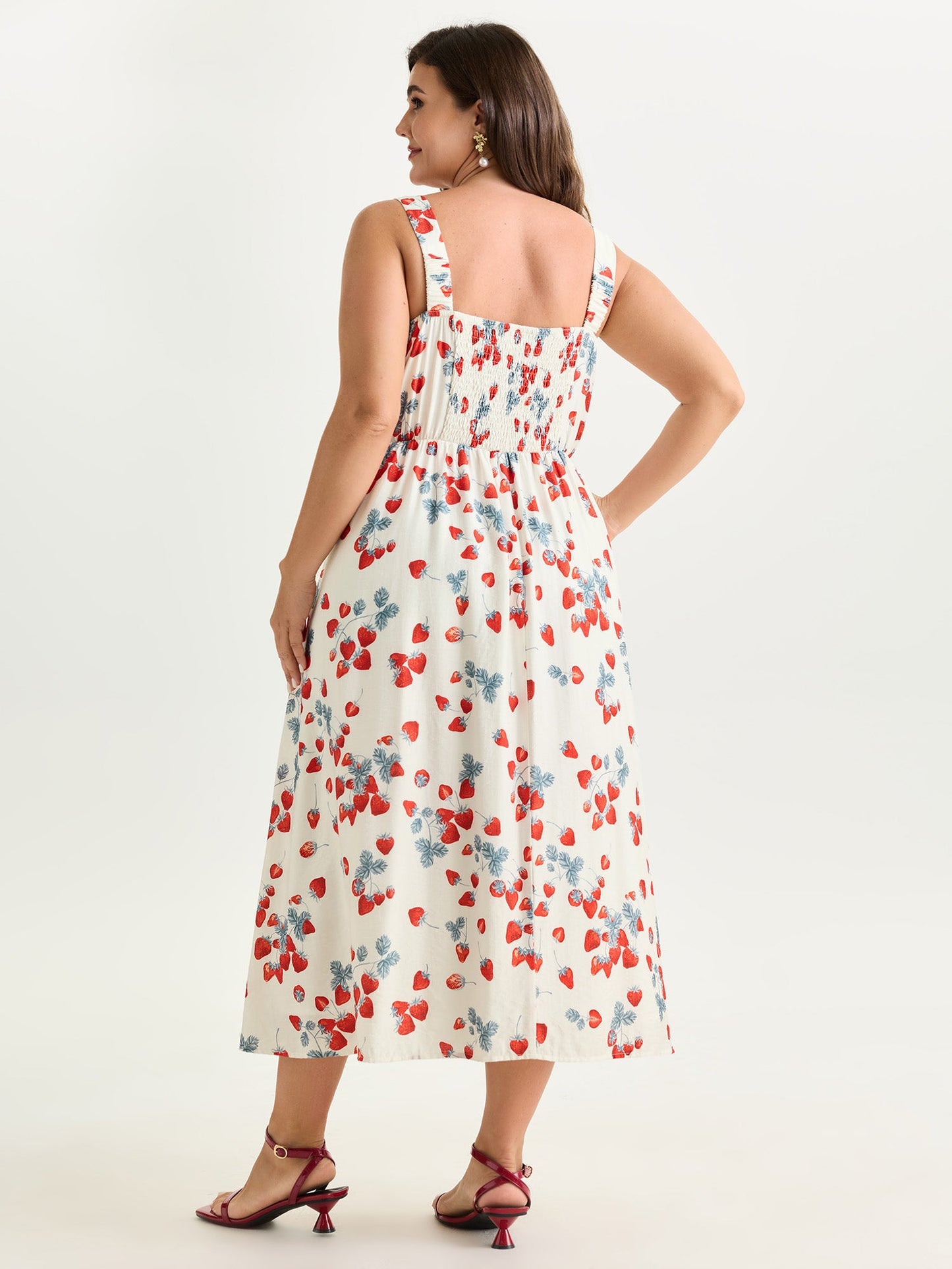 Strawberry Print Cinched-Waist Midi Dress