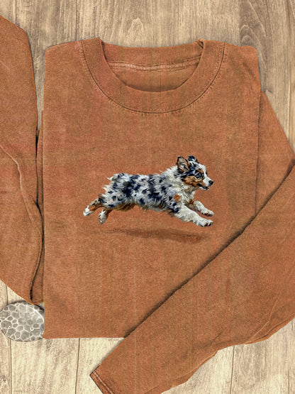 Funny Retro Cute Running Dog Art Print Casaul Cotton Long Sleeve Shirt