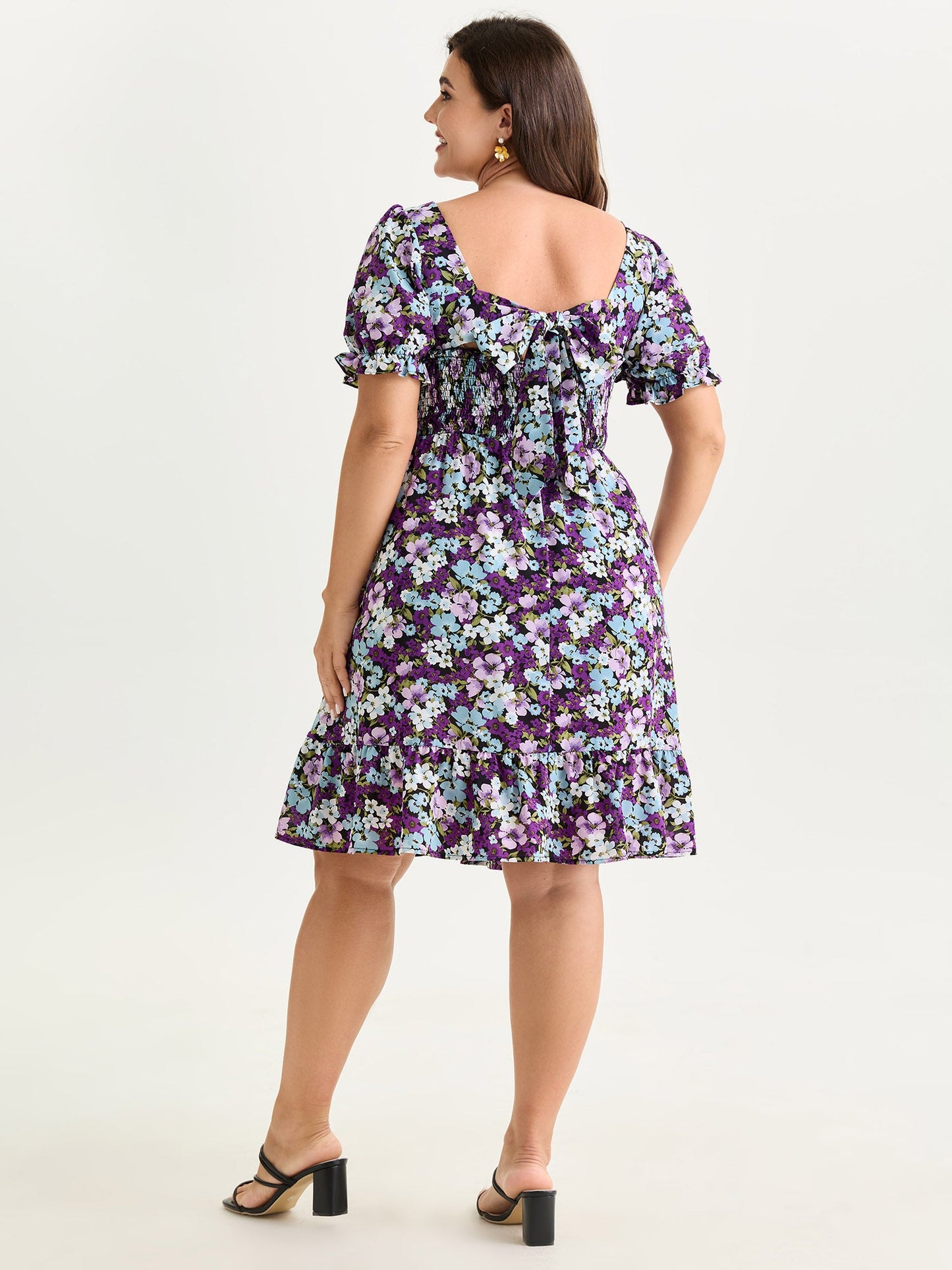 Floral Print Bowknot Puff Sleeve Mini Dress