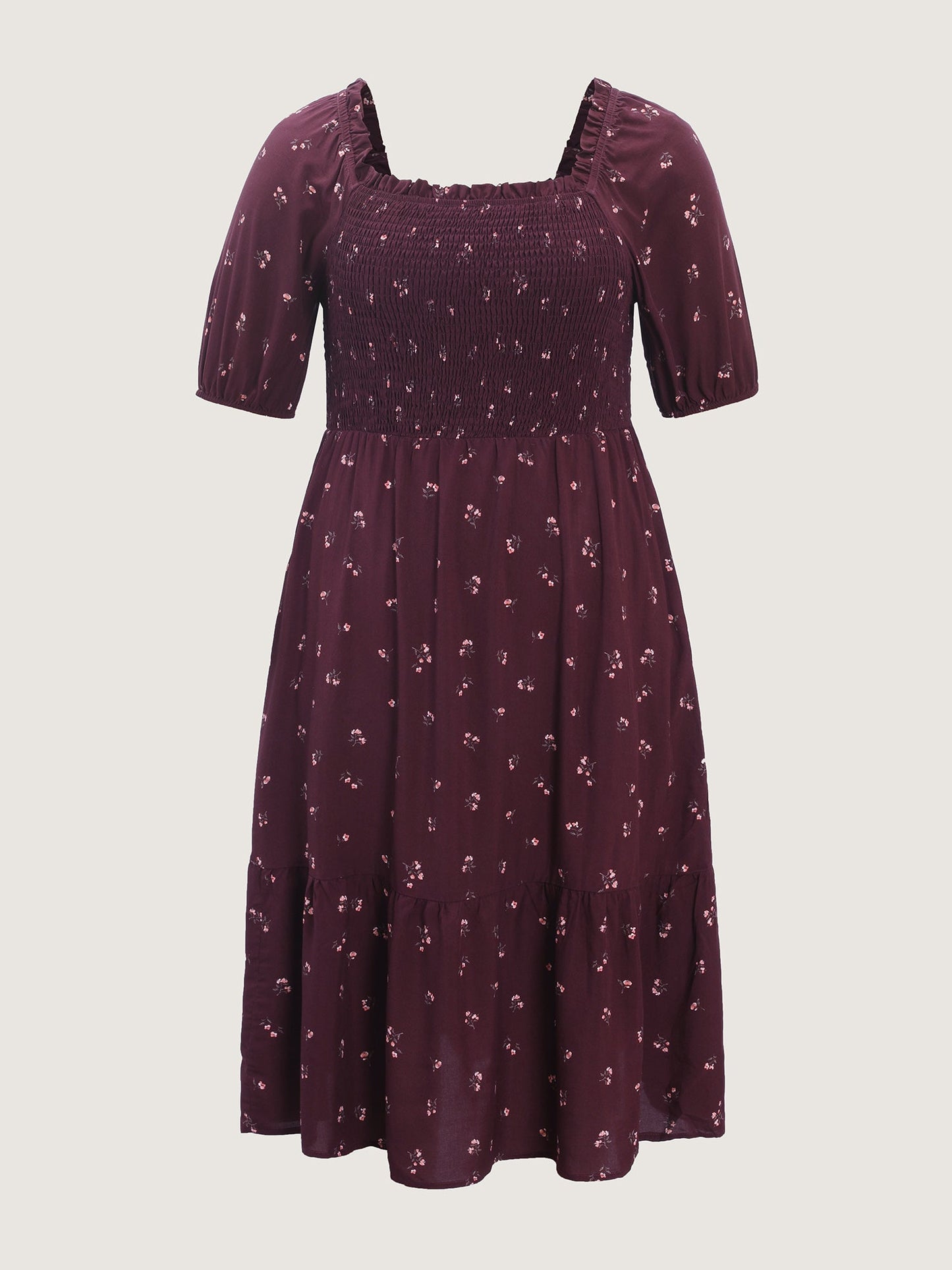 Micro Floral Shirred Bodice Midi Dress