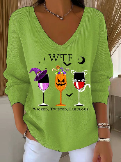 🔥HOT SALE🔥Women's WTF Wicked Twisted Fabulous Print V Neck Sweater