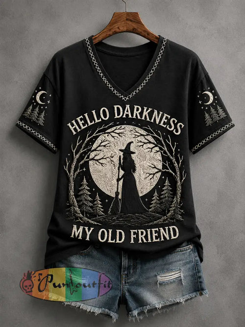 Women's Funny Halloween Hello Darkness My Old Friend Witch Print Casual V-Neck Tee