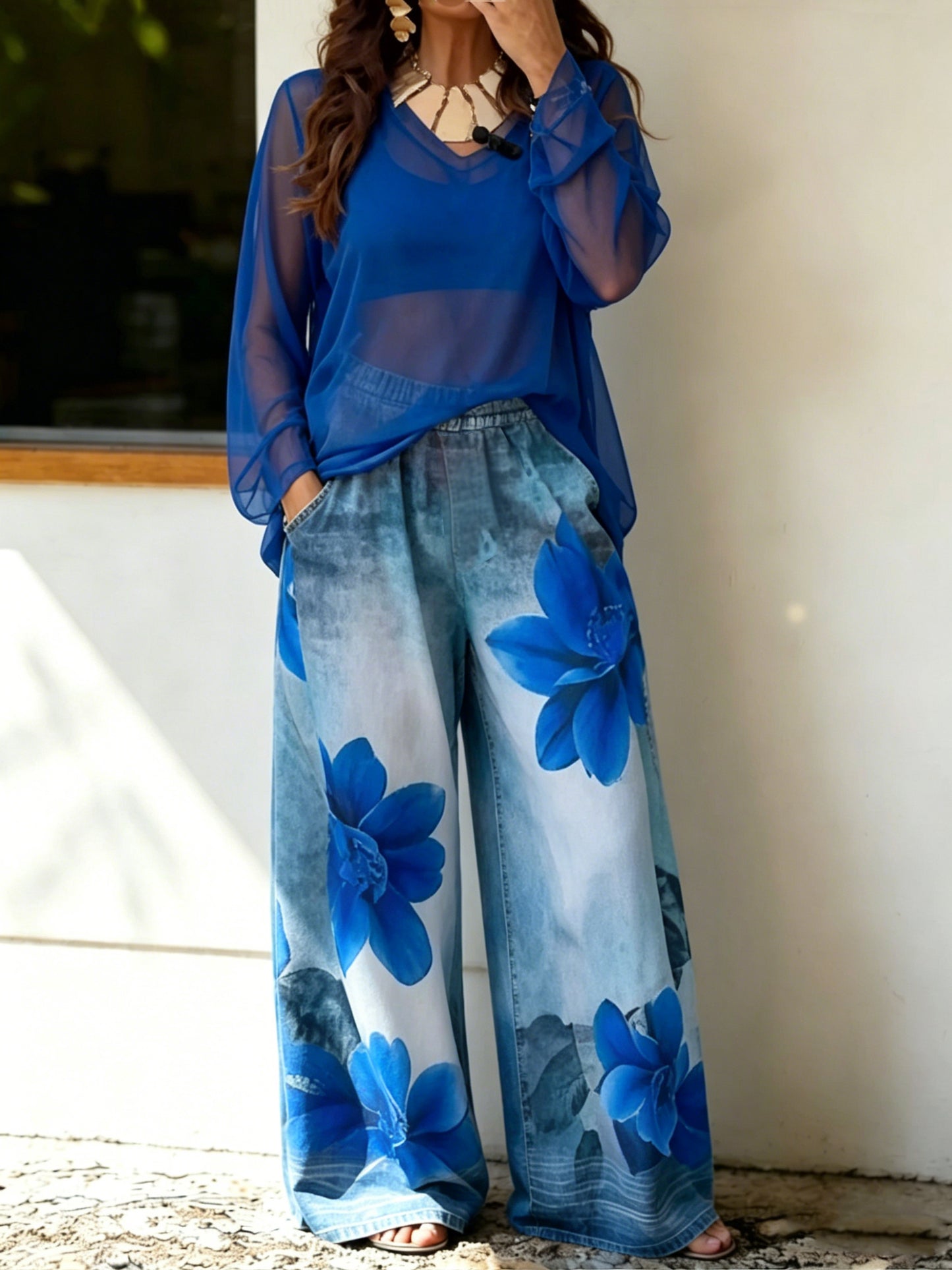 Women’s Stylish Flower Casual Wide Denim Pants