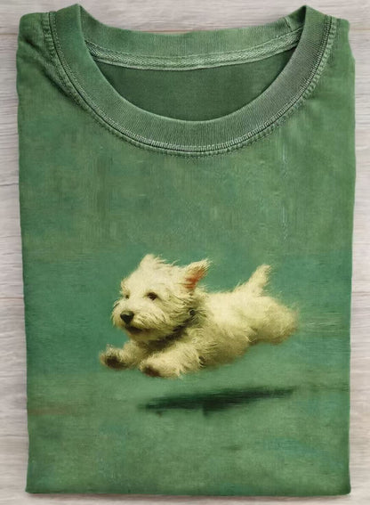Funny retro Cute Running Dog Art Print Casual Cotton Short Sleeve T-shirt