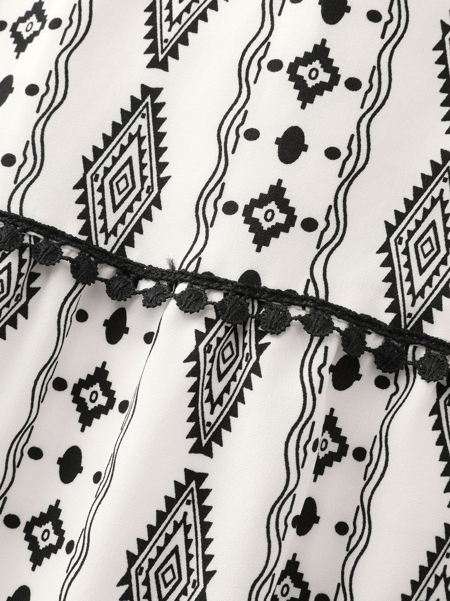 Geometric Print Lace Trim Tiered Maxi Dress