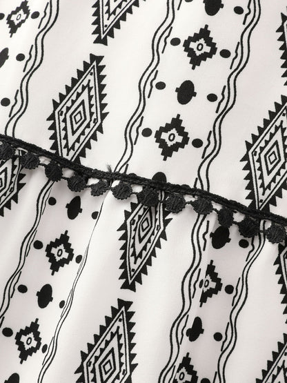 Geometric Print Lace Trim Tiered Maxi Dress