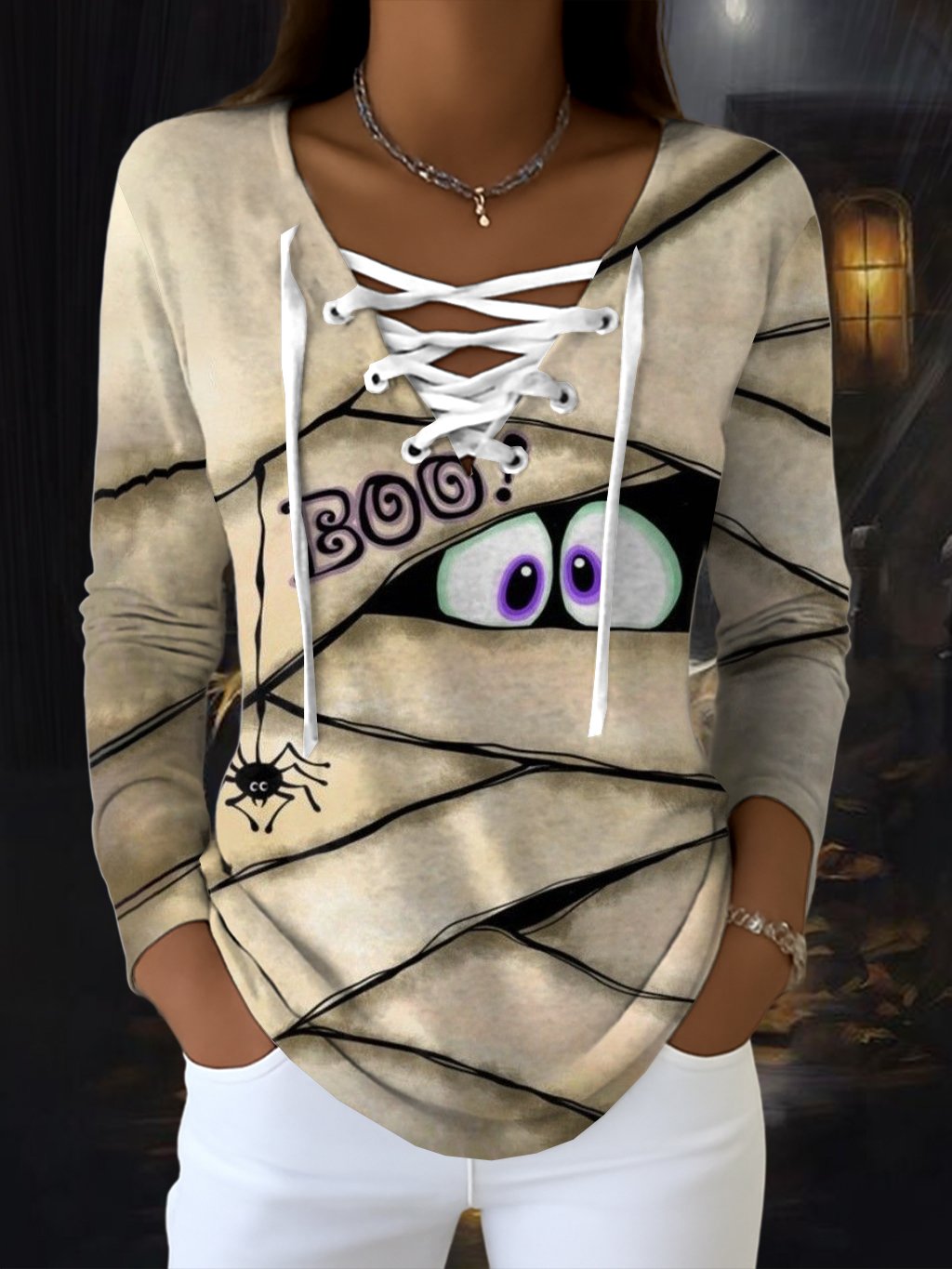Women's Retro Halloween Peekaboo Monster Print V-Neck Tie Top