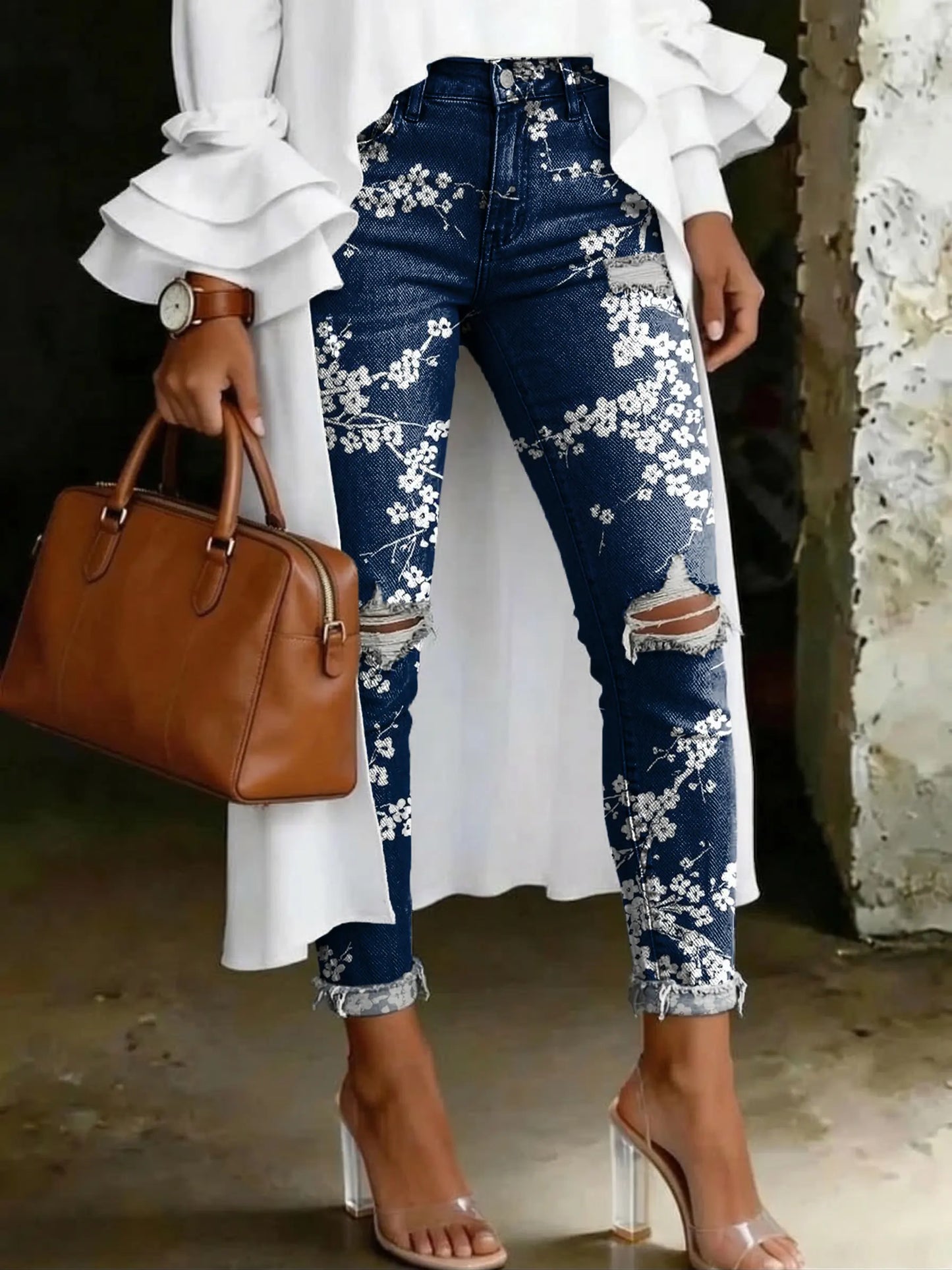 Vintage Blue Plum Blossom Artistic Print Casual High-waisted Ripped Skinny Jeans