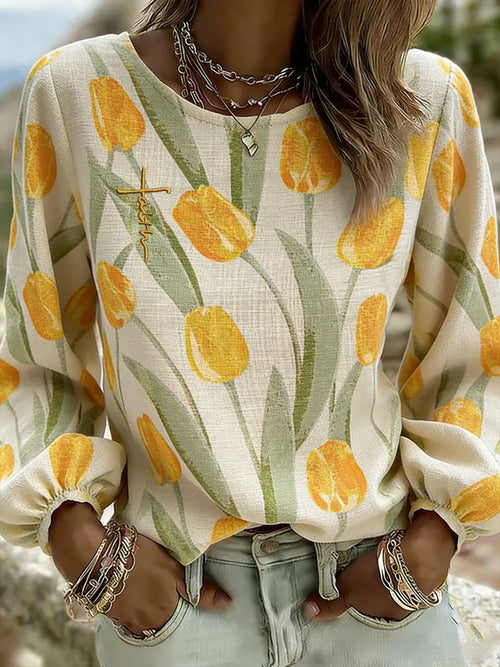 Women's Retro Tulip Floral Print Top