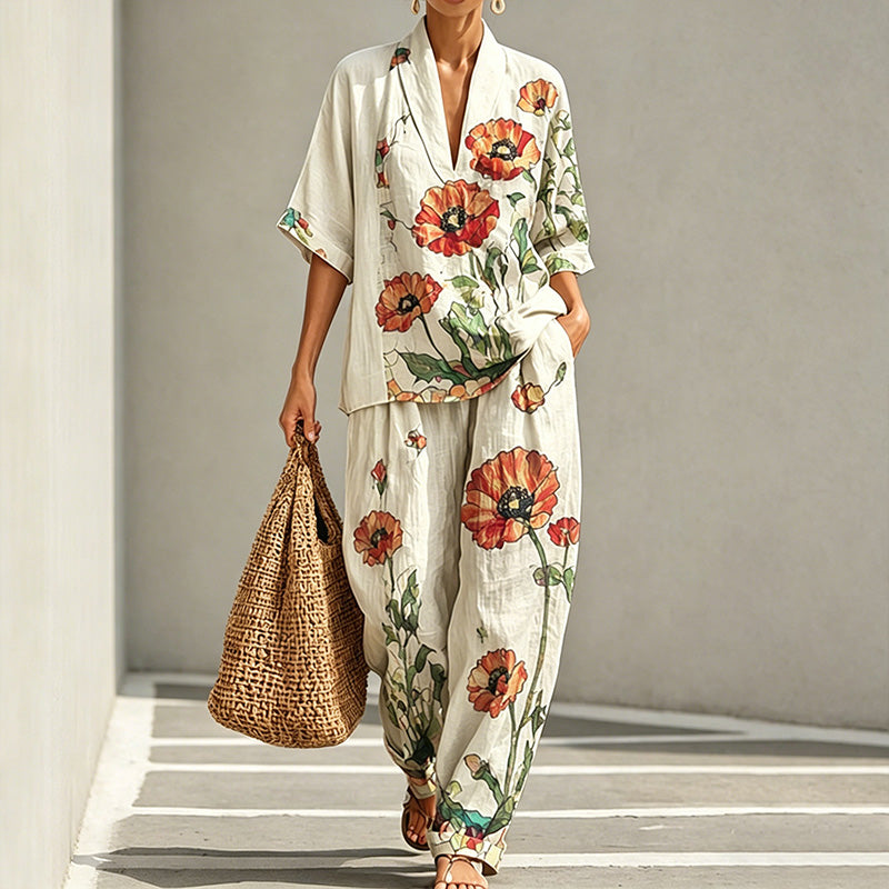 Poppy Floral Art Print Casual Linen Two-Piece Set