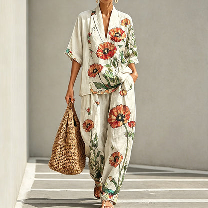 Poppy Floral Art Print Casual Linen Two-Piece Set