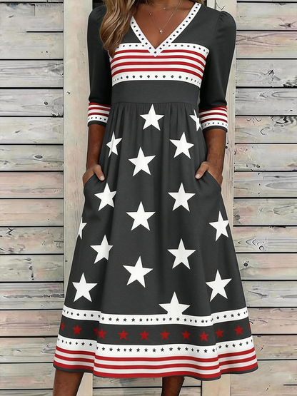 🔥Buy 3 Get 10% Off🔥Women's Retro American Independence Day Printed V-neck Dress