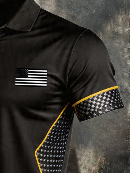 Men's Retro Patriotic Color-Block Short-Sleeve Polo Shirt