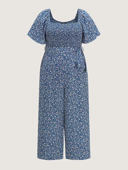Micro Floral Print Shirred Bodice Jumpsuit