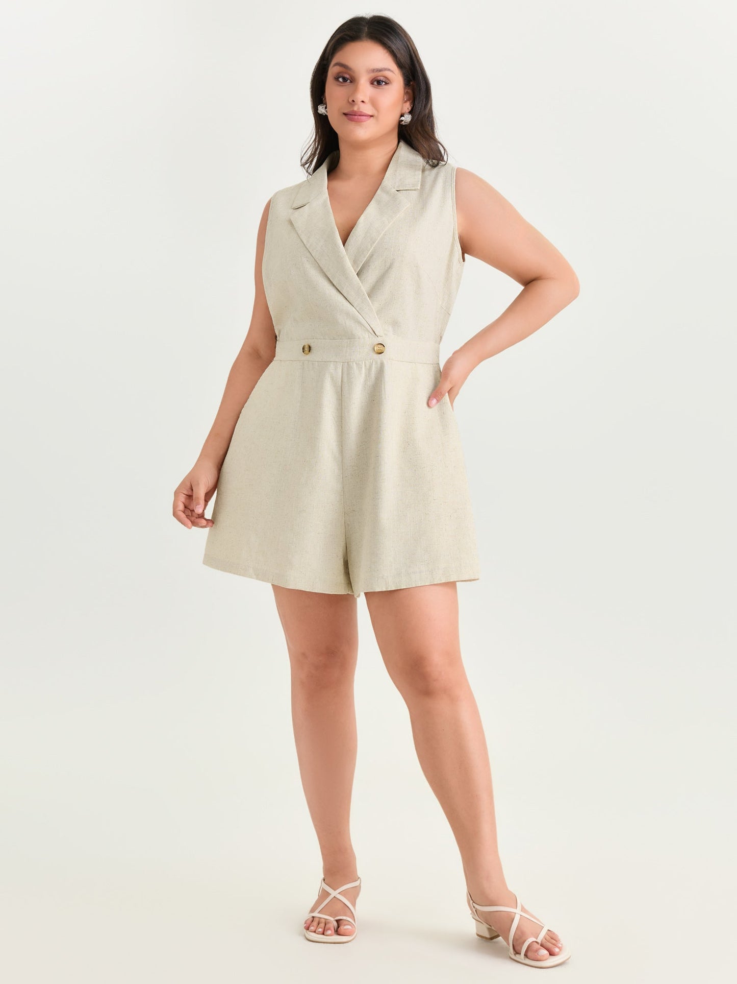 Cotton Linen Blend Collar Romper