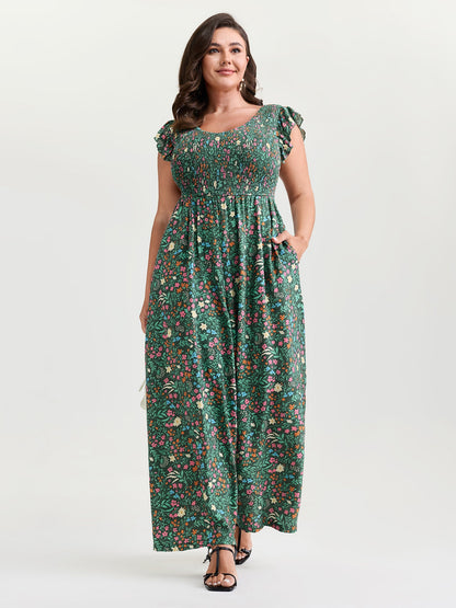 Breezy Floral Print Flutter Sleeve Jumpsuit