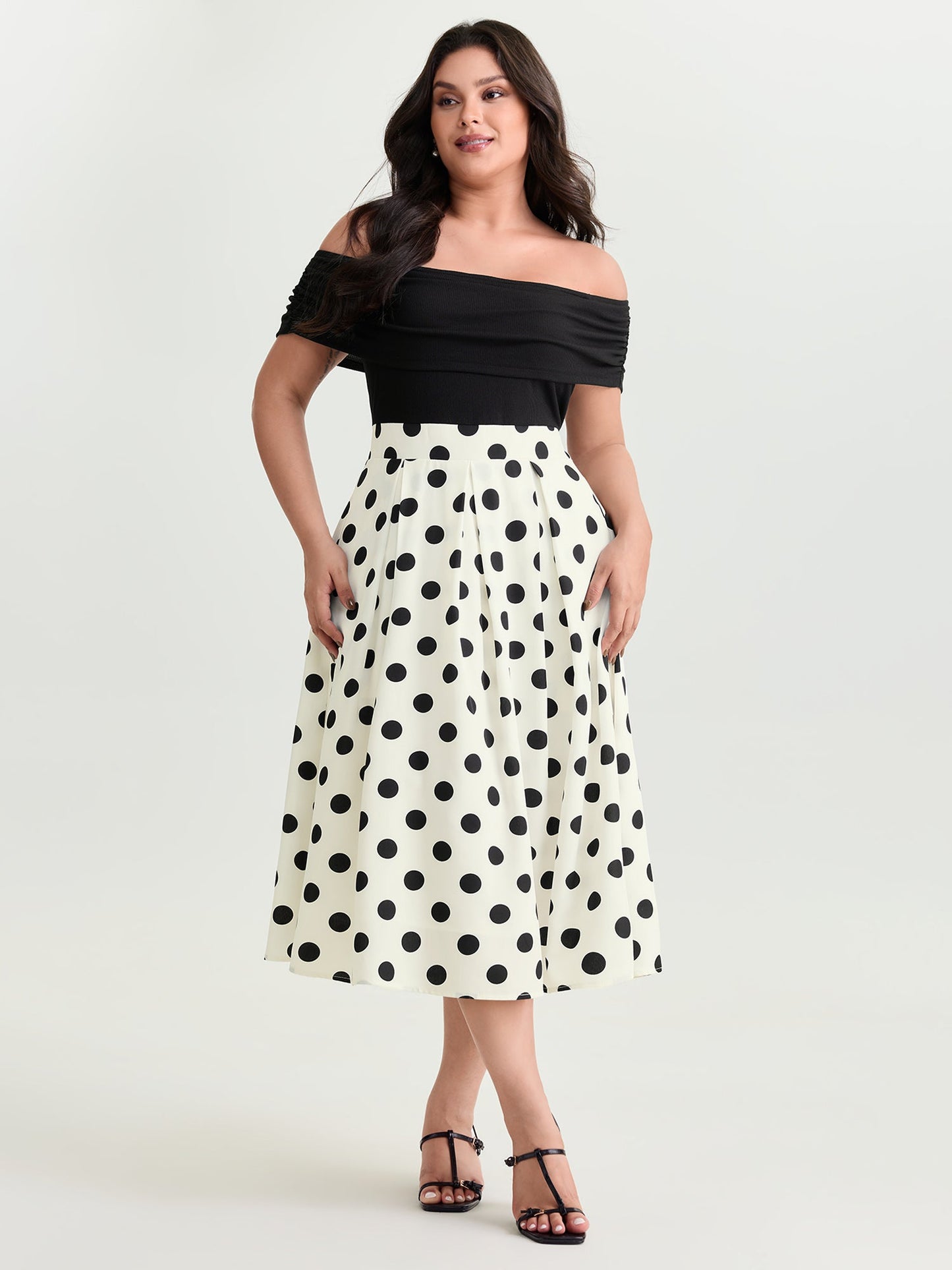 Polka Dot Charm Off-Shoulder Midi Dress