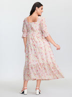 Floral Print Shirred Neckline Maxi Dress