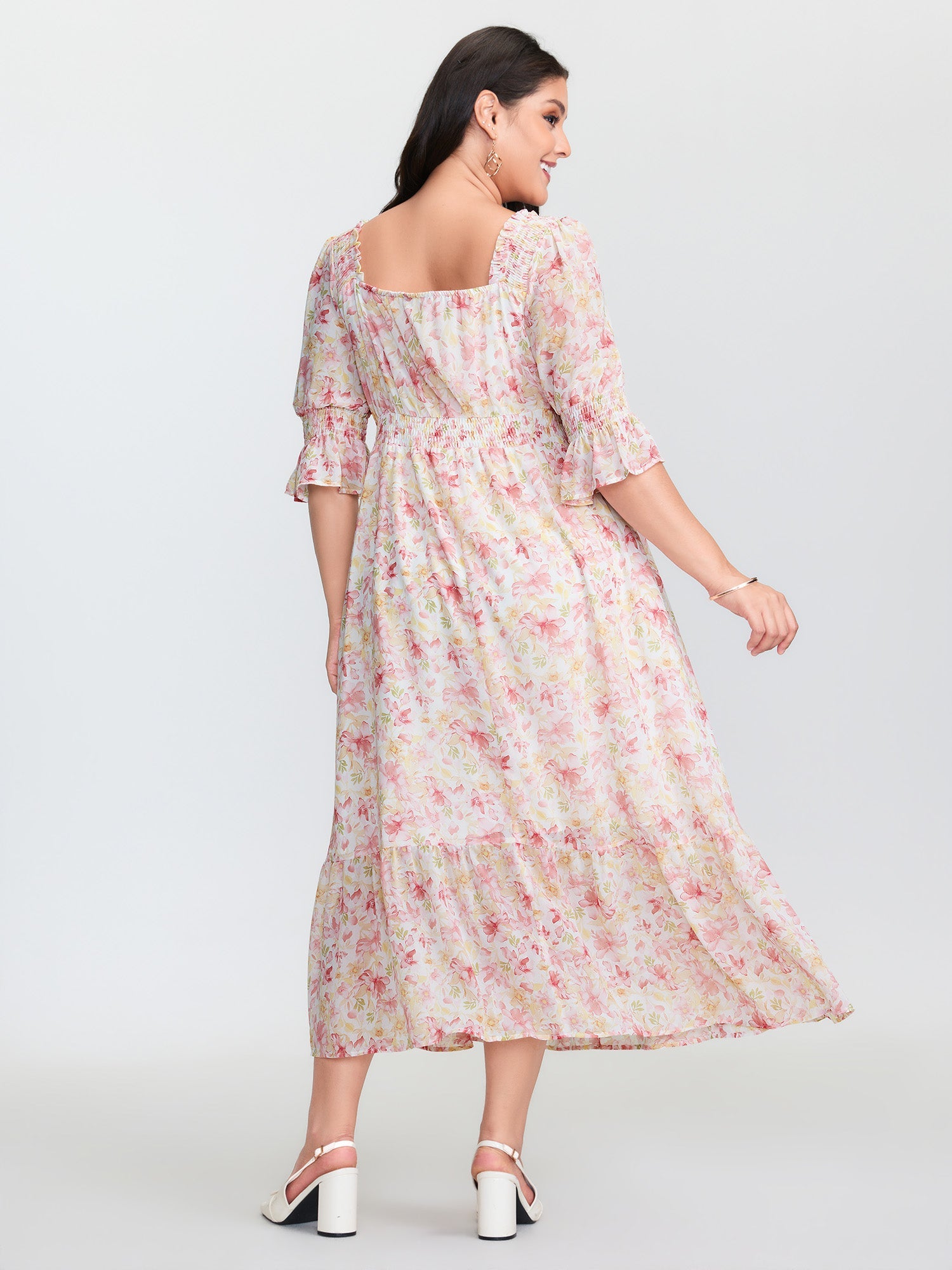 Floral Print Shirred Neckline Maxi Dress
