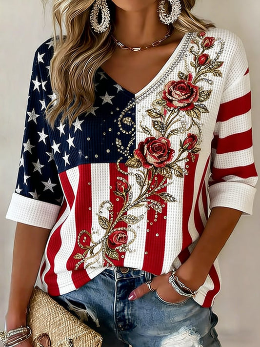 Women's Vintage American Flag 250th Anniversary Rose Print Casual Waffle T-Shirt
