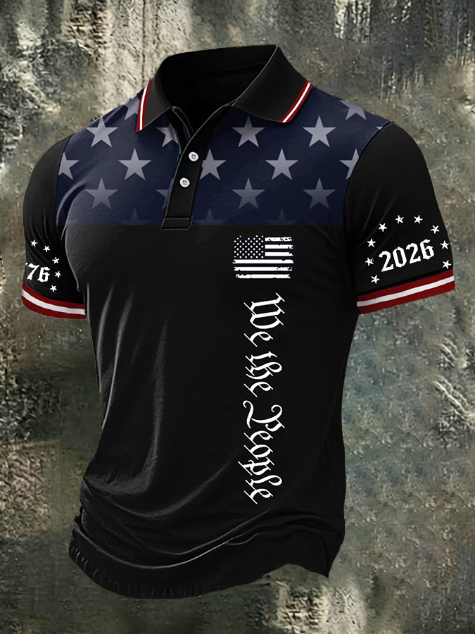 Men'S American Flag Print Casual Polo Shirt