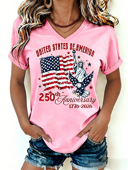 Women's 1776-2026 Statue of Liberty Anniversary Eagle Print V-neck T-shirt