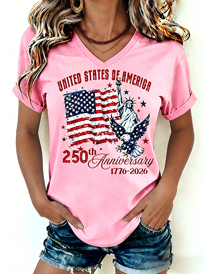 🔥Buy 3 Get 10% Off🔥Women's 1776-2026 Statue of Liberty Anniversary Eagle Print V-neck T-shirt