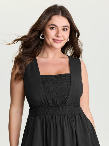 Lace Shirred Waist High Low Hem Midi Dress
